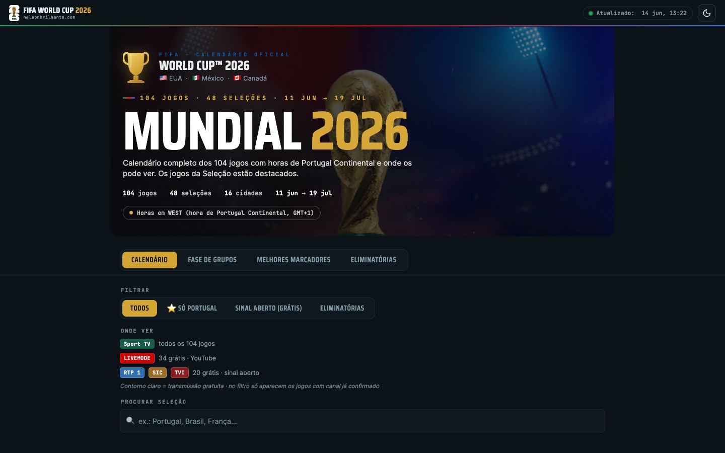 Mundial 2026 — Calendário, Resultados e Classificações